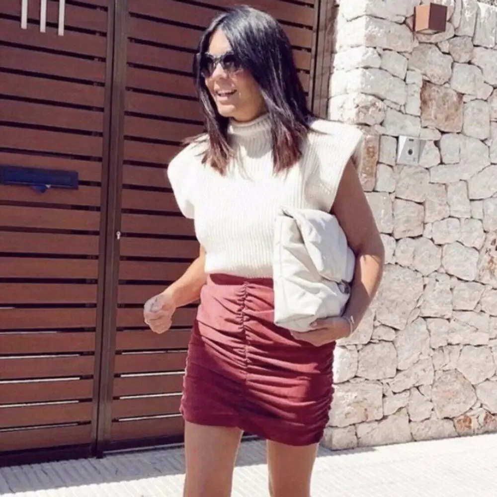 Zara Draped Ruched Corduroy Mini Skirt Dusty Rose Blush Color Size XS